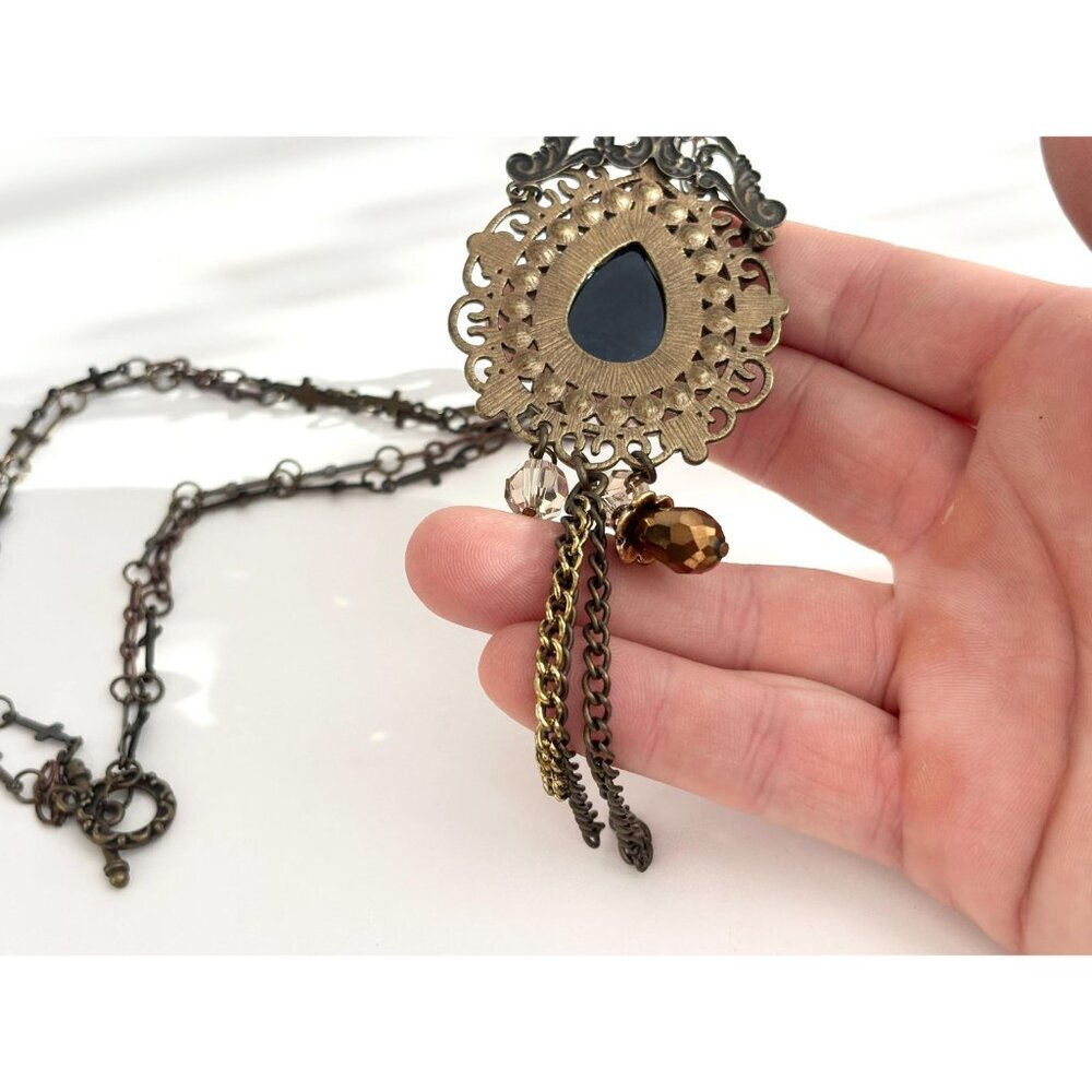Victorian Inspired Teardrop Shaped Bronzed Faux Filigree Pendant Necklace - 18" - Picture 9 of 14